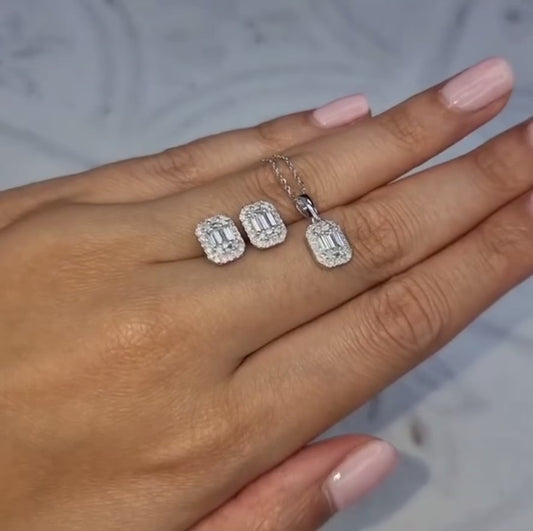 Baguette Brilliant Diamond Halo Earrings & Pendant Set